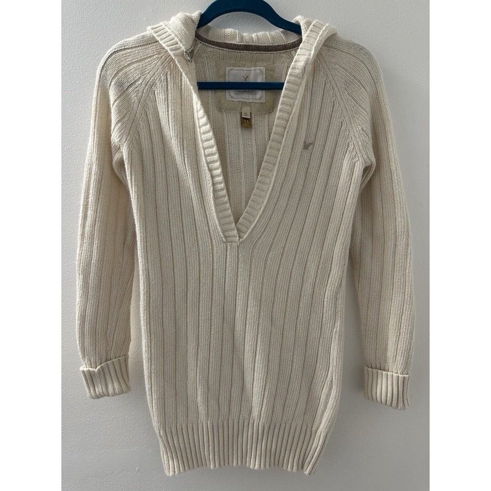 American Eagle Women's Knit Sweater Hooded Beige Y2K Size M